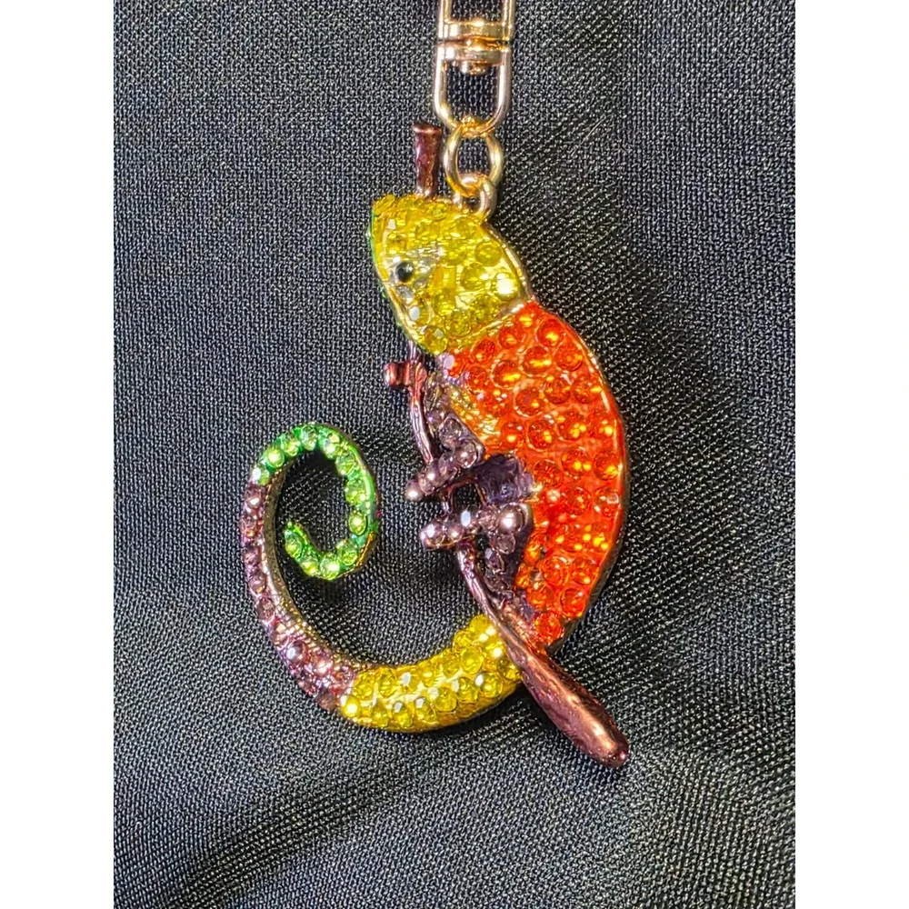 Rhinestone Chameleon Keychain Rainbow Gem Encrusted Bag Charm Rose Gold Tone